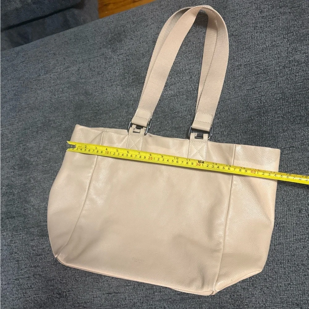 🛍️ BOTKIER New York Nude/Beige Pebbled Leather Tote Bag w/ Logo Web Strap